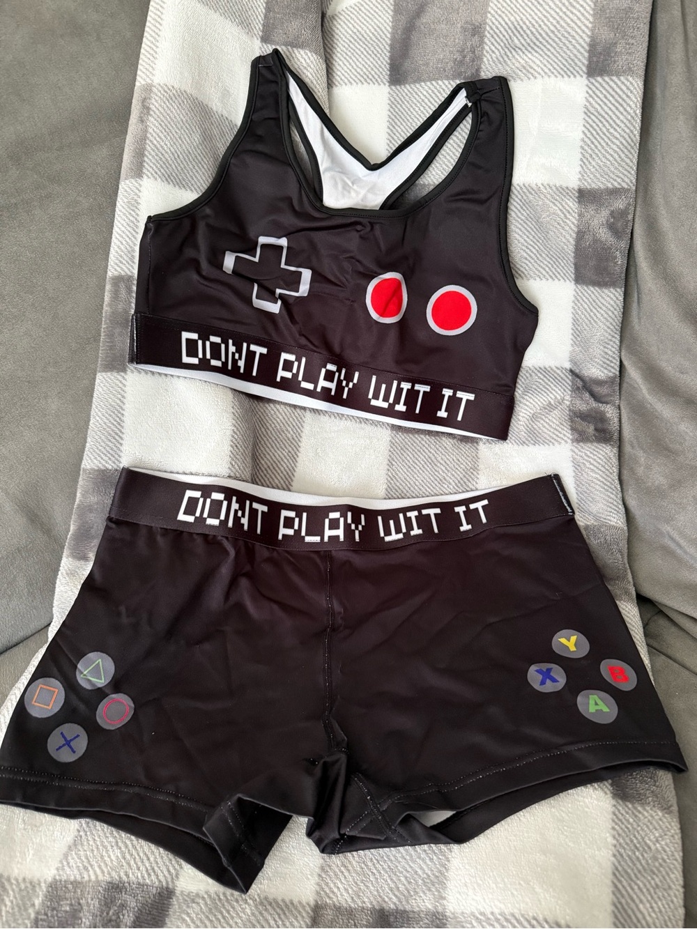Don't Play Wit It Black Gaming Print Sports Bra & Shorts Set